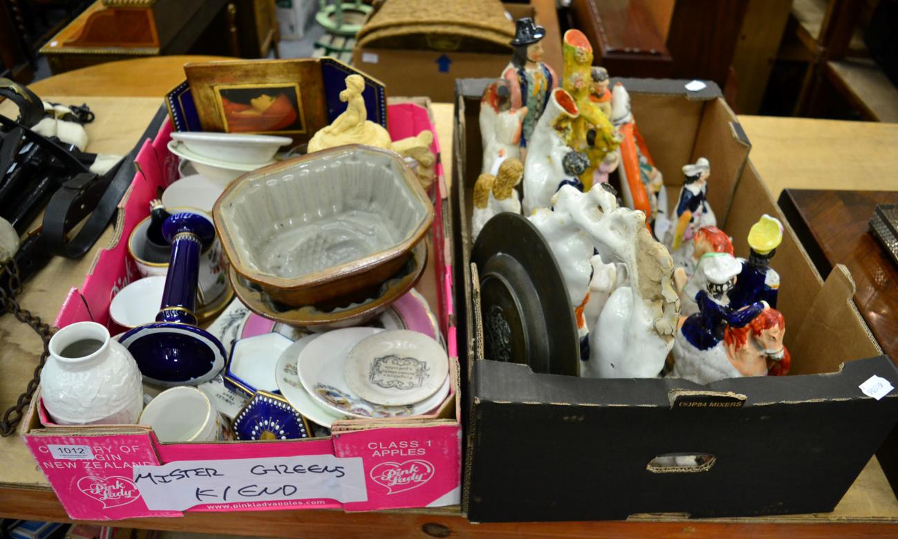 A group of assorted Staffordshire pottery and other groups including dog tray; together with further