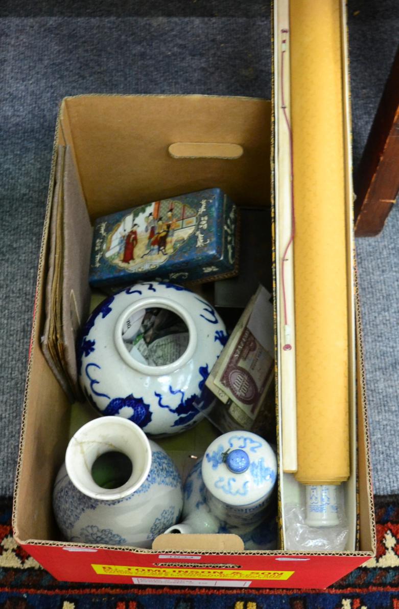 Quantity of Oriental items to include modern ceramics, mahjong set, scroll etc (one box)