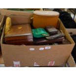 Two Finningans Manchester folding leather lap desks, two tan leather cased gents dressing sets