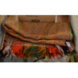 Woven paisley shawl, worked predominantly in red, orange and green, two ends with green, red,