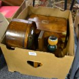 An Edwardian oak mantle clock; a Victorian mahogany writing slope and a pair of Japanese bookends (