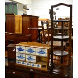 A set of Delft blue and white drawers, late 19th century letter box and a cake stand