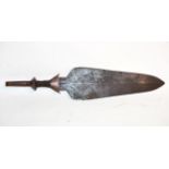 A Kuba Knife, DRC, the 39cm broad leaf shape blade with slightly raised medial ridge, the knopped