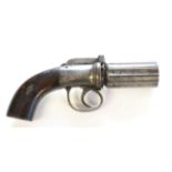 A 19th Century Six Shot Pepperbox Percussion Revolver, the 7cm cylinder with Birmingham proof marks,