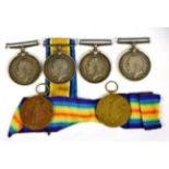 Four Single First World War British War Medals and Two Single Victory Medals, all differently