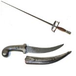 An Indian Small Dagger, with 13cm double edge faux damascined blade, the darkened steel pistol
