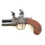 A Late 18th Century Flintlock Tap Action Over and Under Double Barrel Pocket Pistol by Oakes,