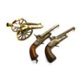 A Pair of 19th Century Continental Pinfire Side-by-Side Double Barrel Overcoat Pistols, each with