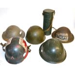 Two Second World War Brodie Helmets, one lacking liner; a 1943 Pattern British Army Helmet, with ''
