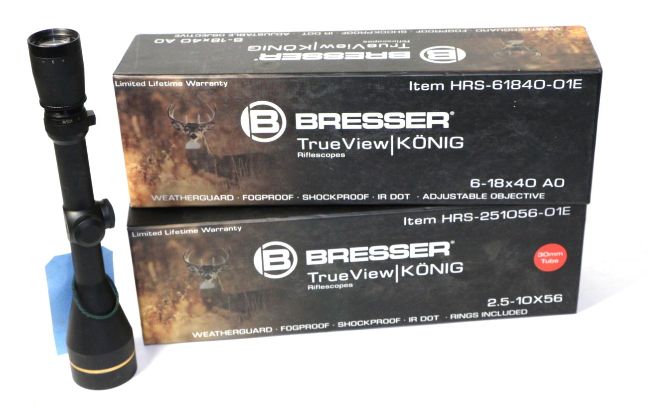 Two Bresser True View Rifle Scopes, 2.5-10x56 and 6-18x40 AO, boxed; a Leupold VX-111 Rifle Scope,