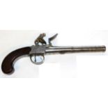 A Late 18th Century Flintlock Travelling Pistol by Hadley, London, the 14cm turn-off steel cannon