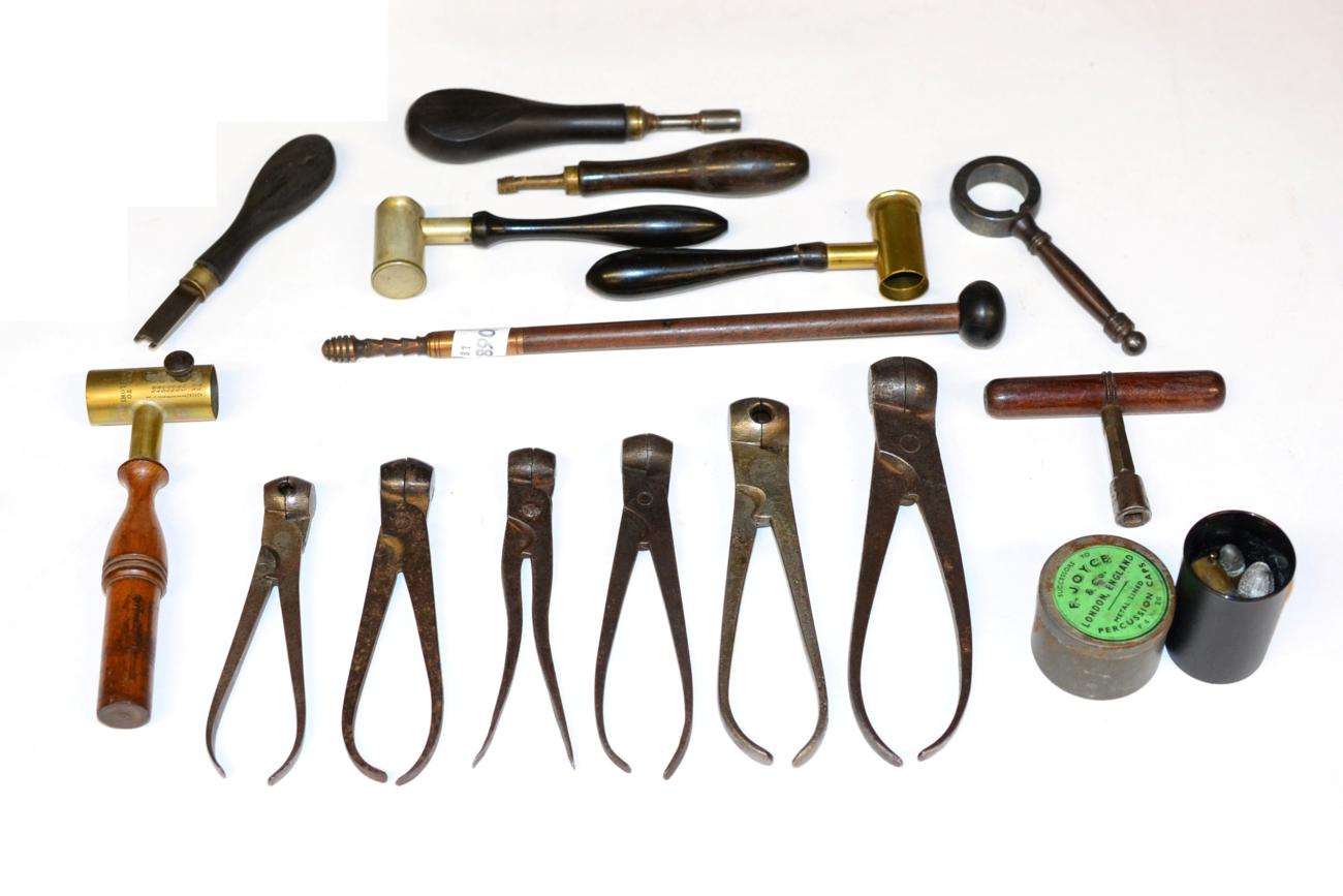 Gun Accessories, including six steel bullet moulds, a barrel key, two nipple keys, a turnscrew,