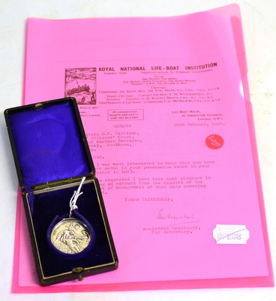 A George IV Royal National Lifeboat Institution Silver Medal, the band mount inscribed, ''MR J.M.