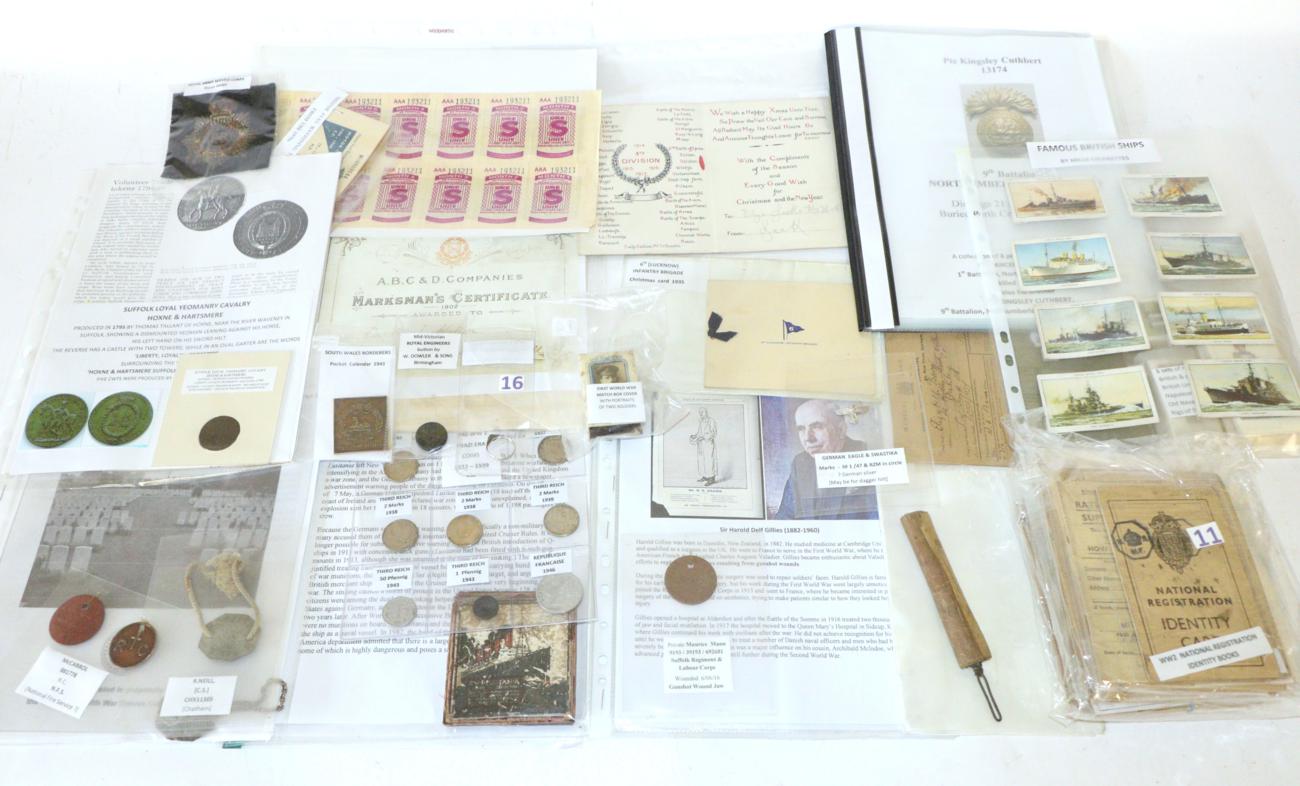 An Assortment of Military-Related and Other Ephemera and Artefacts, including eight First World