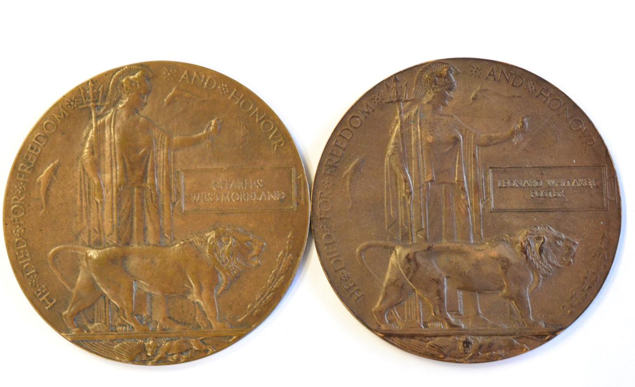 Two First World War Cast Bronze Memorial Plaques, respectively to LEONARD WHITAKER FOSTER, with