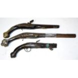 Three 18th Century Continental Flintlock Holster Pistols, all in relic condition, one with richly