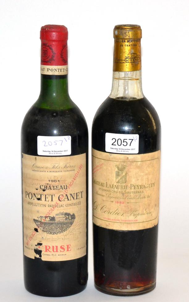 Chateau Pontet-Canet 1961, Pauillac; Chateau Lafurie Peyraguey 1953, Sauternes (two bottles) U: