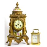 A French painted porcelain and gilt metal mantle clock, together with a brass carriage timepiece