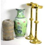 A reproduction Chinese funerary vase of Song type, together with a modern famille vert vase and a