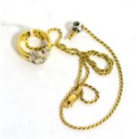 A diamond set ring and a small diamond globular pendant on gold chain Finger size G1/2, 10.44g