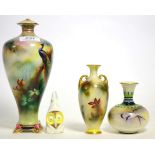 Four items of Worcester china comprising Hadleys vase, modern owl candle snuffer and two vases