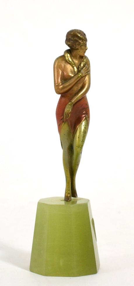 Josef Lorenzl (1892-1950), A cold-painted bronze figure, circa 1925, modelled as a woman, on a green