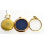 A locket with chased decoration and a cast foliate frame, measures 3cm in diameter a 9 carat gold