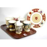 Six china Royal commemorative goblets, three in original boxes and a commemorative plate, original