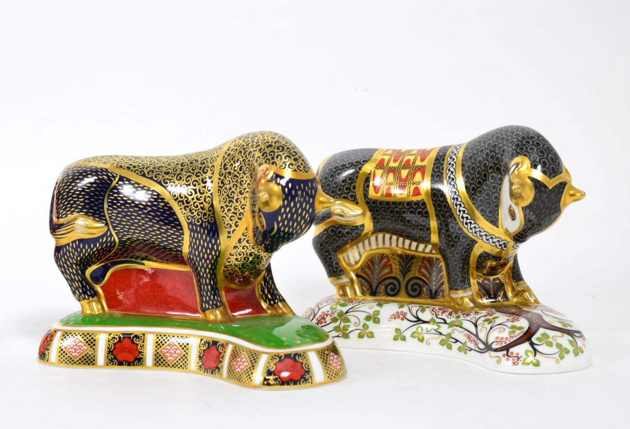 Royal Crown Derby Imari paperweights; Grecian Bull No. 702/750 (with certificate) and Bull (each