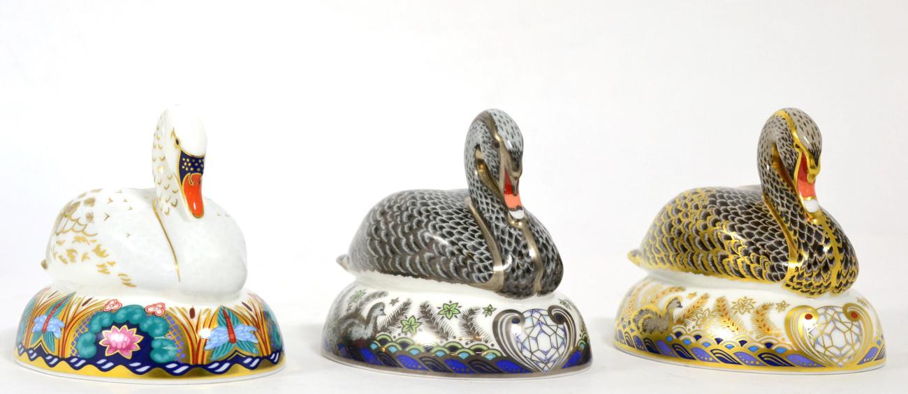Royal Crown Derby Imari paperweights; Swan, Black Swan No. 163/2002 (with certificate) and