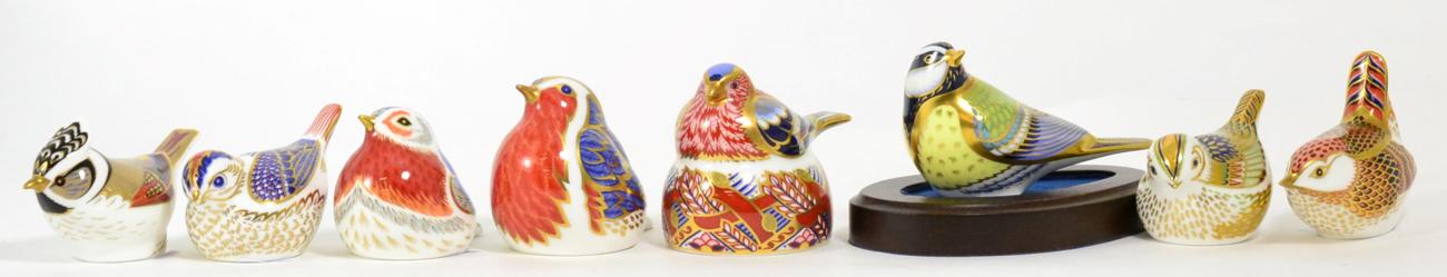 Royal Crown Derby Imari paperweights; Collectors Guild Firecrest, Nesting Chaffinch, Great Tit,