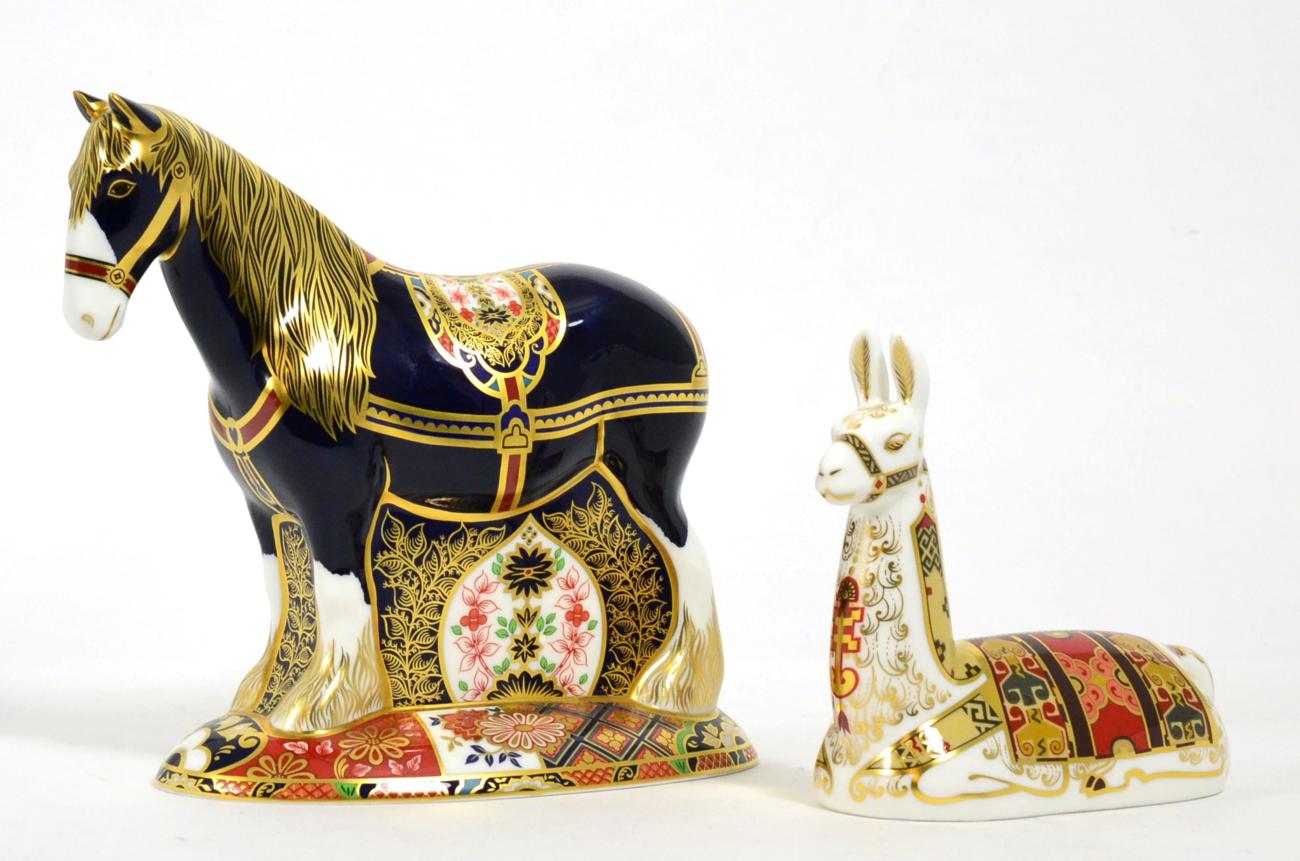 Royal Crown Derby Imari paperweights; Shire Horse No. 1006/1500 (with certificate) and Llama (both