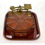 A 19th century octagonal box with shaped top and inlay together with a set of postal scales