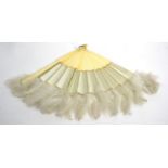 A late 19th century ivory fan with cream satin mount and down trim, 28cm