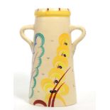 A Susie Cooper Studio twin-handled vase, painted with stylised flowers and leaves, in shades of