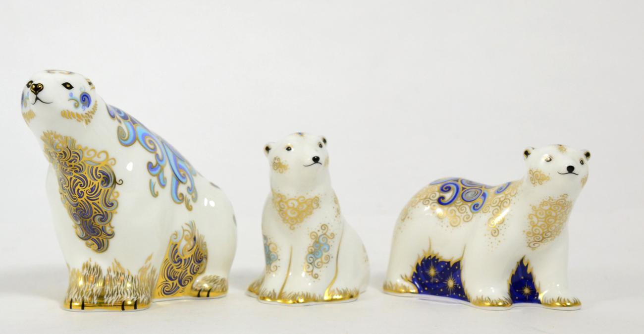 Royal Crown Derby Imari paperweights; Aurora Polar Bear No. 398/1500, Boris and Alice Polar Bear