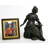 A Victorian bronze figure of a woman, representative of the arts, and a 19th century miniature