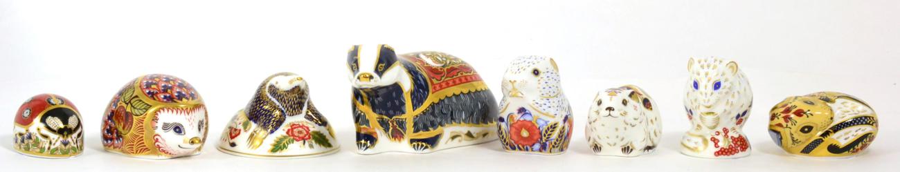 Royal Crown Derby Imari paperweights; Moonlit Badger, Ladybird, Poppy Mouse, Bank Vole, Mole,