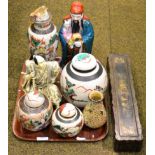 Chinese porcelain figure of Fuxing, good luck deity; large Chinese crackleglaze vase and lid; two