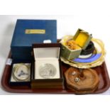 Commemorative Polish medallion stamped '925', carved wooden puzzle ball etc