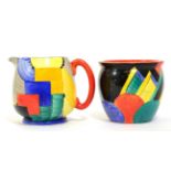 A Susie Cooper for Gray's pottery Cubist pattern jug, painted in shades of black, red, blue,