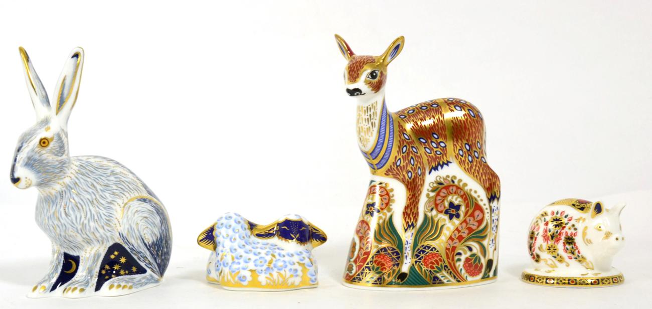 Royal Crown Derby Imari paperweights; Starlight Hare (gold stopper), Fawn (gold stopper), Lambs (