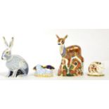 Royal Crown Derby Imari paperweights; Starlight Hare (gold stopper), Fawn (gold stopper), Lambs (