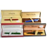 Four Sheaffer fountain pens, nibs stamped 14K, 585, models: Laque Green Ronce near mint pen, Laque