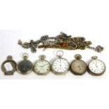 A silver pocket watch signed Waltham, nickel plated pocket watch signed Omega, three other pocket