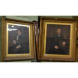 A pair of portrait oil paintings in gilt frames of a lady and gentleman seated