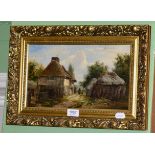 A 19th century English school, farm buildings with figure, dog and duckling in the foreground, oil