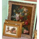 An oil on canvas 18th century style, a still life and two oil on canvas pictures depicting river and