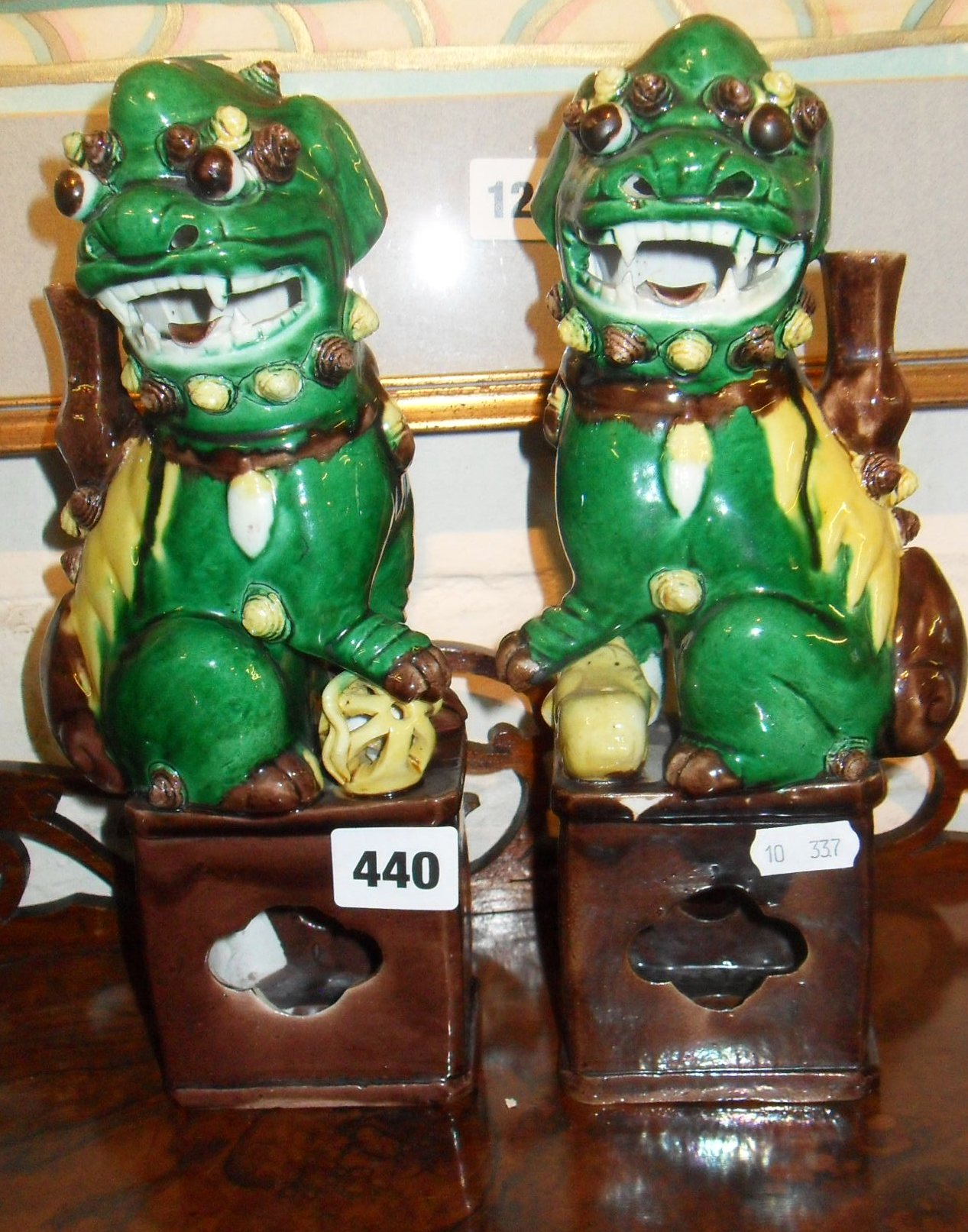 Two 20th c. Chinese "majolica" Foo dogs