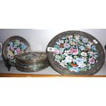 Chinese famille rose set of six plates & one larger with metal rims & 6 character marks